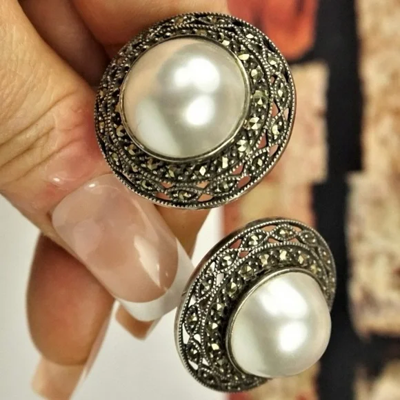 Judith Jack Sterling w/Marcasite and Faux Pearl Earrings - Picture 5 of 11